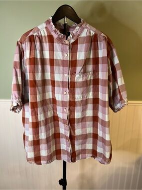 Lee Pink, Brown & Rust Check Short-Sleeve Ruffled Button-Down Shirt. Size XL